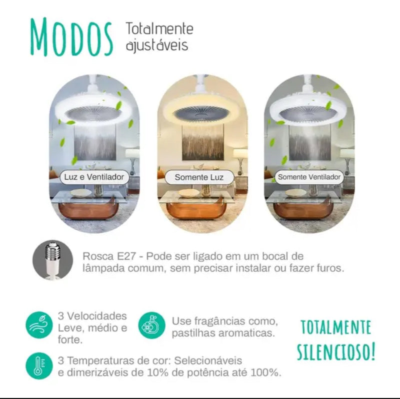 Ventilador de teto inteligente e silencioso com controle remoto e luz LED